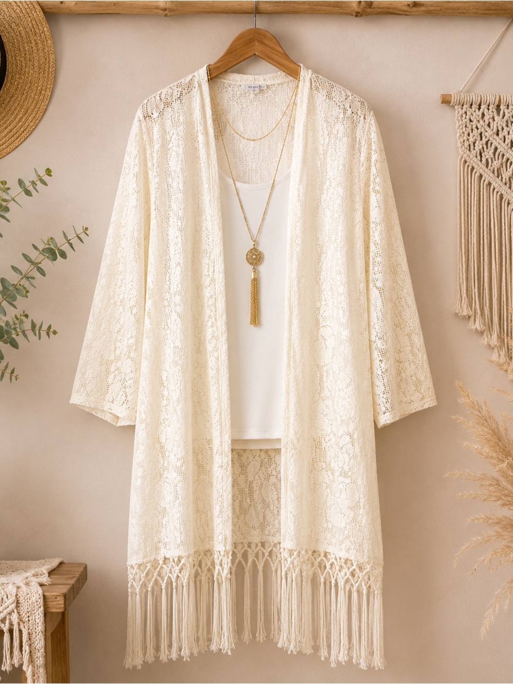 Cato a bohemian floral lace long duster cardigan medium off white fringe - Picture 2 of 12